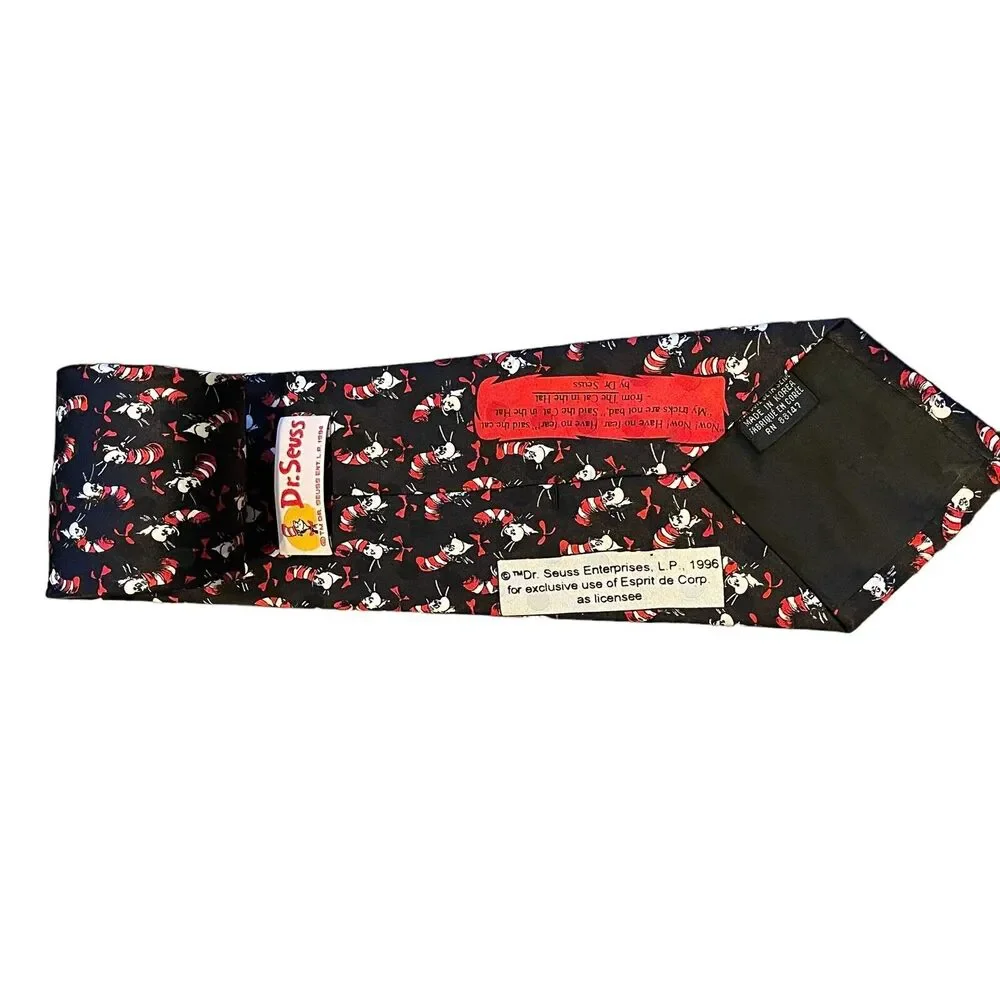 DR SEUSS Cat in the Hat Mens Vintage 100% Silk Neck Tie Black Cartoon Novelty